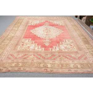 พรมตุรกีโบราณขนสัตว์สีเบจสีแดง9.1ft x 5.8สำหรับห้องโถงห้องนอนสี่เหลี่ยมผืนผ้าห้องยาง - Product Image 3