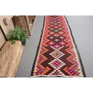 Tapis Kilim Turc Vintage 2.9x12.4 pieds Rouge Orange Laine Latex Support Patchwork Motif pour Chambre Style Tabriz 10mm Épaisseur - Product Image 3