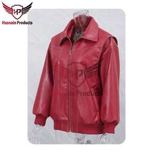 Chaqueta bomber de cuero genuino para hombre, roja, clásica, con cremallera, chaqueta de cuero informal con dobladillo acanalado, ropa de abrigo para invierno - Product Image 5