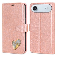 Étui en cuir coeur pailleté pour téléphone portable pour iPhone 17 Air 17 16 15 14 13 Étui en cuir à rabat pour téléphone Étui portefeuille en cuir PU