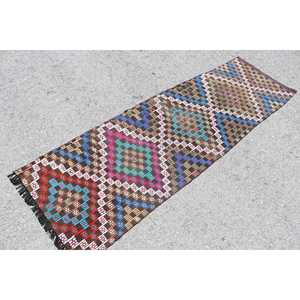 2.3x7.6 ft Rug, Vintage Turkish Rug, <b>Brown</b> Striped <b>Wool</b> Rug - Product Image 2