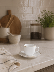 Durable Porcelain Set 6-pcs Round Espresso Coffee Cups w/ Saucers 9 cl (3 fl oz) Elegant Luxury Refined Design Gold Excelsa - Product Image 6