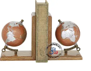 Globe Bookends Vintage Style Decorative Wooden World Globe Bookends Resin Globe Book Ends Supports for Heavy Bookend