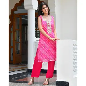 Ensemble Kurta en tricot rose Leheriya pour femmes, vêtements ethniques indiens traditionnels, imprimé Jaipur, Kurta, pantalon, dupatta, usage festif et décontracté - Product Image 1