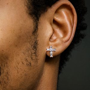 S925 Sterling Silver 14k Gold Coating Moissanite Baguette Cross Stud, Boucles d'oreilles pour hommes - Product Image 3
