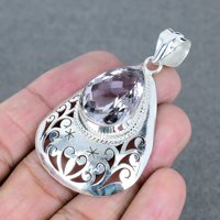 Nouvel Arrivage Pendentif Charme de Luxe pour Femme en Laiton Plaqué Argent Sterling 925 avec Améthyste Rose Facettée Faite à la Main Troisième