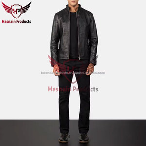 <b>Mens</b> Real Black Leather <b>Jacket</b> Stand Collar Full Zip Side Pockets Sheepskin Biker Coat Custom Minimalist Winter Outerwear - Product Image 2
