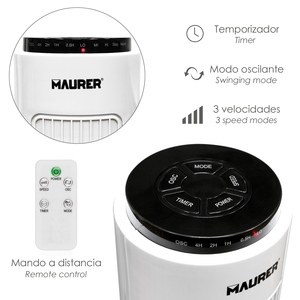 Ventilador de Torre Maurer de 73 cm con 3 Velocidades Función Oscilante. Con control remoto. - Product Image 3