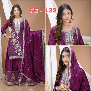 Salwar Kameez traditionnel en tissu Chinon indien pakistanais tendance, couleur pourpre, pour femmes, pour fêtes, bals, mariages, vêtements ethniques - Product Image 1