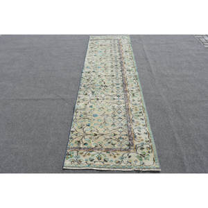 Classic Beige Blue Wool <b>Rug</b> 2.6x8.8ft Handmade Turkish Patchwork Design Rectangular Hallway Pattern for Living <b>Bedroom</b> Latex - Product Image 1