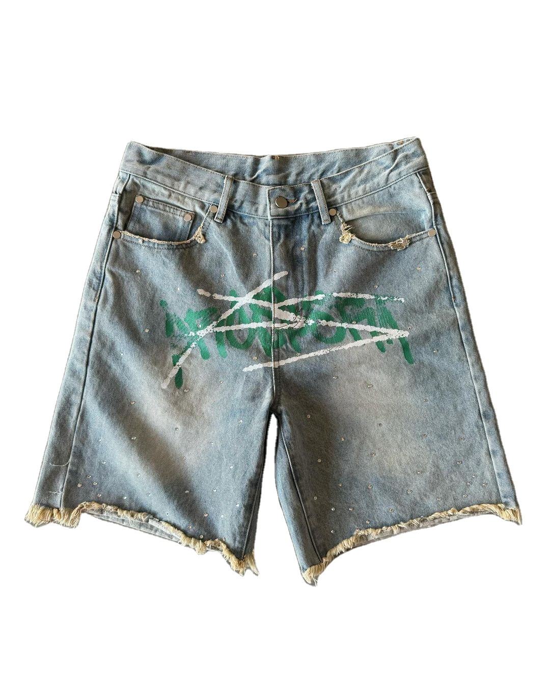 Top Popular Jorts Men's Denim Shorts Mid-Waist Baggy Style Washed Jeans Shorts With Rhinestone shorts for men