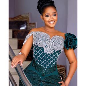 Handmade <b>Emerald</b> Majesty Mermaid Gown Satin Crocheted Party <b>Dress</b> Sequined Tiered Draped Decoration Empire Floor-Length - Product Image 2
