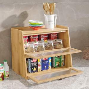 Boîte à pain pour comptoir de cuisine, conteneur de stockage de pain en bambou de grande capacité en bois double couche avec porte-pain de fenêtre - Product Image 6