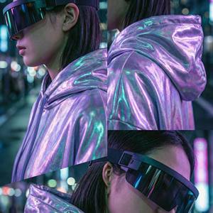 Sweat à capuche surdimensionné pour femme, holographique, semi-transparent, couleur irisée changeante, violet, turquoise, streetwear, pull - Product Image 4