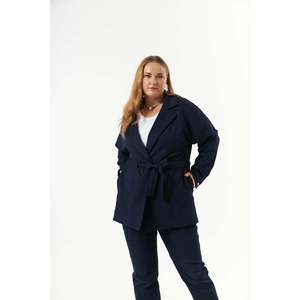 Chaqueta con Cintura Ajustable con Cordón Azul Marino Talla Grande para Mujer RMG - Prenda Exterior Elegante de Poliéster Tejido para Todas las Temporadas - Product Image 1