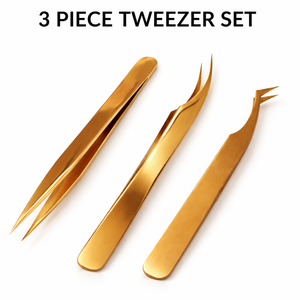 Gold Eyelash Extension Tweezers <b>Kit</b> 3 Piece Set Straight Curved Volume <b>Lash</b> Tools Stainless Steel for Beginners - Product Image 4