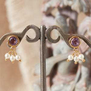 Boucles d'oreilles en argent sterling 925 massif avec améthyste et perle, bijoux exceptionnels, uniques et confortables - Product Image 1