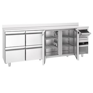 Comptoir de bar réfrigéré commercial PREMIUM - 2690x600mm - 775L - avec 2 portes et 4 tiroirs, avec étagère supérieure et bac à café - Product Image 3