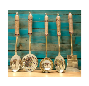 Cuillère de cuisson en laiton de la plus haute qualité 4 pièces légumes et spatule/soupe/cuillère à tourner manche en bois prix abordable - Product Image 2