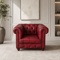 Fauteuil Chesterfield vintage style loft urbain |   Fauteuil 1 place en cuir véritable rose rouge capitonné, style Mid-Century Modern, fait main, pour la maison