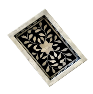 Plateau de service en bois rectangulaire fait à la main avec incrustation florale de feuilles blanches plateau d'incrustation d'os artistique de l'Inde prix de gros bon marché - Product Image 6