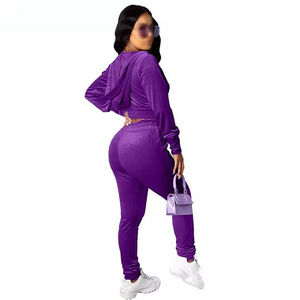Custom <b>Velour</b> Zip up Crop Women Hoodie Flared Pant Printed Embroidery Logo Velvet Hoodie and Sweatpants <b>Tracksuit</b> Two Piece Set - Product Image 2