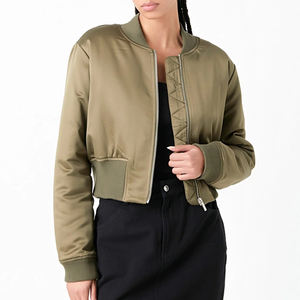 Full Customized Best Design High Quality Women Satin <b>Jacket</b> Women's V Ribbed Collar Front Zipper Satin Bomber <b>Jacket</b> - Product Image 5