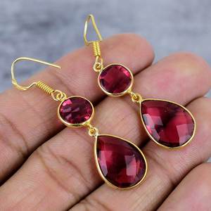 Rubellite rose ronde et poire forme pierre précieuse 925 argent Sterling plaqué or goutte boucles d'oreilles anniversaire boucle d'oreille cadeau pour elle - Product Image 4
