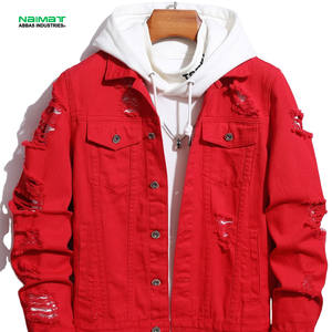 <b>Mens</b> Red Distressed Denim <b>Jacket</b> Ripped Jean Coat Slim Fit Cotton Outerwear Fashion Streetwear Casual <b>Trucker</b> Style Clothing - Product Image 1