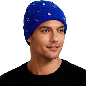 หมวกบีนนี่ถักลายแจ็คการ์ดประดับคริสตัลสีน้ำเงิน ผ้าอะคริลิกเนื้อเรียบ ยืดหยุ่น ใส่ได้ทุกฤดู  ลายปักตกแต่งสไตล์ยูนิเซ็กส์ - Product Image 1