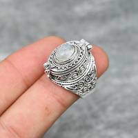 Bague ajustable en pierre de lune avec boîte à message en pierres précieuses, en argent sterling 925, bijoux de luxe vintage plaqués rhodium