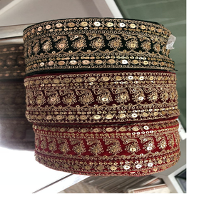 Rubans et lacets brodés à la machine, entièrement artisanaux, de couleur noire, avec des paillettes dorées, fabriqués à la machine, pour les robes de mariée, 10 pièces - Product Image 1