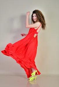 2025 Vestido largo de algodón rojo sin espalda para mujer verano Sexy cintura alta Vestido largo de algodón liso con cuello redondo nueva Navidad - Product Image 2