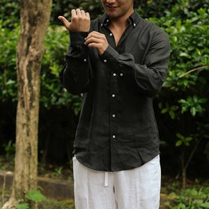 100% chemise décontractée en lin de haute qualité pour hommes conception personnalisée hauts amples à manches longues t-shirt pour l'été vêtements à la mode Bangladesh - Product Image 6