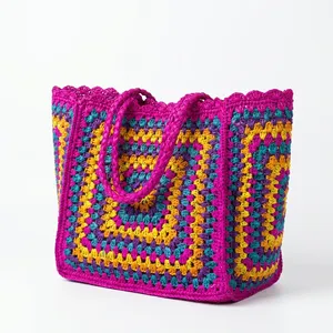 Bolso de mujer bohemio de rafia tejido a crochet con patrón geométrico, bolso de compras de verano con dos asas, cierre abierto, rosa multicolor - Product Image 3