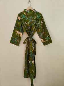 Robe Kimono Longue à Manches Longues à Col en V à Imprimé Jungle pour Femmes 100% Coton Casual Luxe - Product Image 4