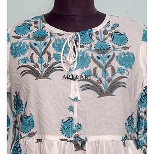 ชุดเดรสทำงานผู้หญิง ผ้าฝ้าย 100% ลายพิมพ์ดอกไม้แบบแฮนด์บล็อก แขนพองสามส่วน ความยาวระดับเข่า สวมใส่สบาย - Product Image 3