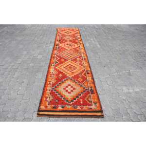 Alfombra Vintage, Alfombra Turca de 2.8x13.7 pies, Alfombra de Lana con Diseño Ombré Naranja - Product Image 1