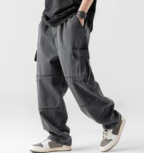 Jeans pour hommes grande taille de haute qualité, cordon de serrage, taille mi-haute, lavage à l'acide, ample, logo personnalisé, denim droit, pantalon cargo évasé - Product Image 1