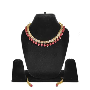 Ensemble de collier en or plaqué or à une seule couche Kundan Meenakari rouge avec pierres en zircon pour les mariages et les bijoux fins, bijoux de mariée - Product Image 2