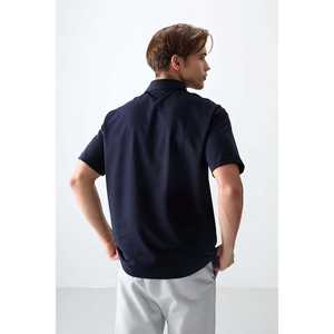 T-shirt basique pour homme bleu marine, en coton épais et doux, coupe ample avec col polo - 88382, tissu tricoté - Product Image 1