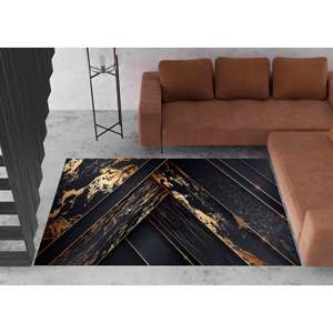 Tapis abstrait noir et or : Décoration de bureau moderne, avec tapis à poils doux - Product Image 1