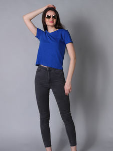 Supra Blue Crop Top 5% Spandex 95% algodón manga corta cuello estampado Slim Fit Casual Knit Fitted Shirt Basics Tee - Product Image 2