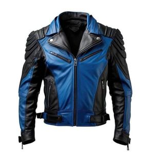 Veste en cuir d'agneau respirante, à séchage rapide, épaisse, pour l'hiver. C'est une veste de motard en cuir bleu et noir pour homme. - Product Image 1