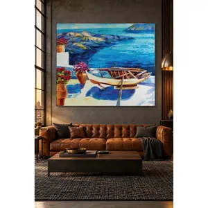 Impression sur toile de bateau à rames Fida dans Blue Cove et avec des pots de fleurs rouges - Product Image 3