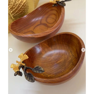 Qualité supérieure Bois de mangue Collations Salade Bol de service Fleur d'or Accent Poignée Écologique Hôtel Décor Au Meilleur Prix - Product Image 5