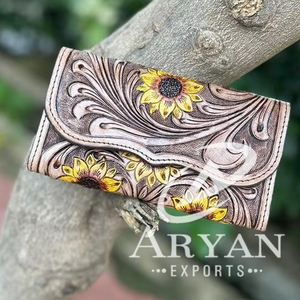Cartera de Cuero Repujado a Mano Estilo Occidental, Cartera de Cuero Genuino con Diseño de Girasol, Cartera de Cuero Vacuno Genuino, Bolso de Mano Estilo Occidental para Mujer, Cartera de Lujo - Product Image 1
