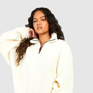 Jersey de 14 cremalleras con cuello levantado, chaqueta de lana para mujer, bordado lavado, de gran tamaño, con hombros caídos y un cuarto de cremallera, Sudadera con capucha - Product Image 6