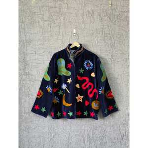 Navy Velvet Bomber <b>Jacket</b> with Hand Embroidery Animal Print Floral Snake Pattern <b>Mandarin</b> <b>Collar</b> Autumn Women's Quick Dry - Product Image 2