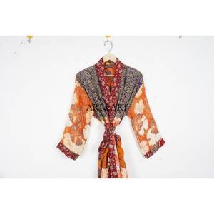 Indian Silk Elegant Soft Kimono Patchwork Boho Floral Design Long Beach Cover-Up Summer Cardigan Women's <b>Night</b> Wear Sleepwear - Product Image 2